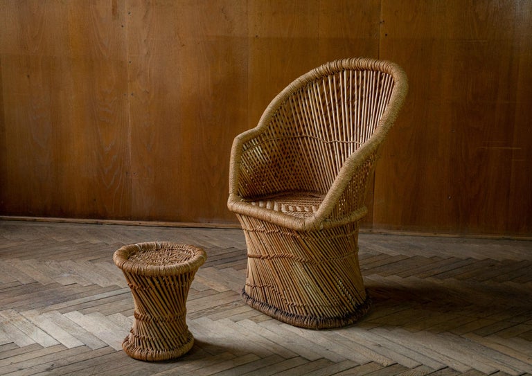 Mid Century Modern Set of Outdoor Wicker Chairs and Side Tables, 60s