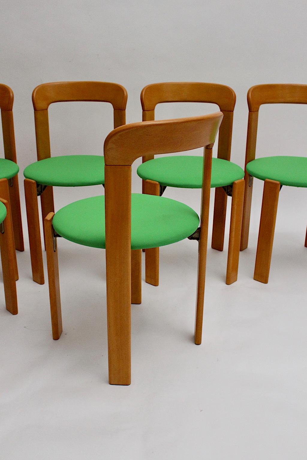 Mid-Century Modern Set of Seven Brown Wood Dining Room Chairs by Bruno Rey 1970s 4