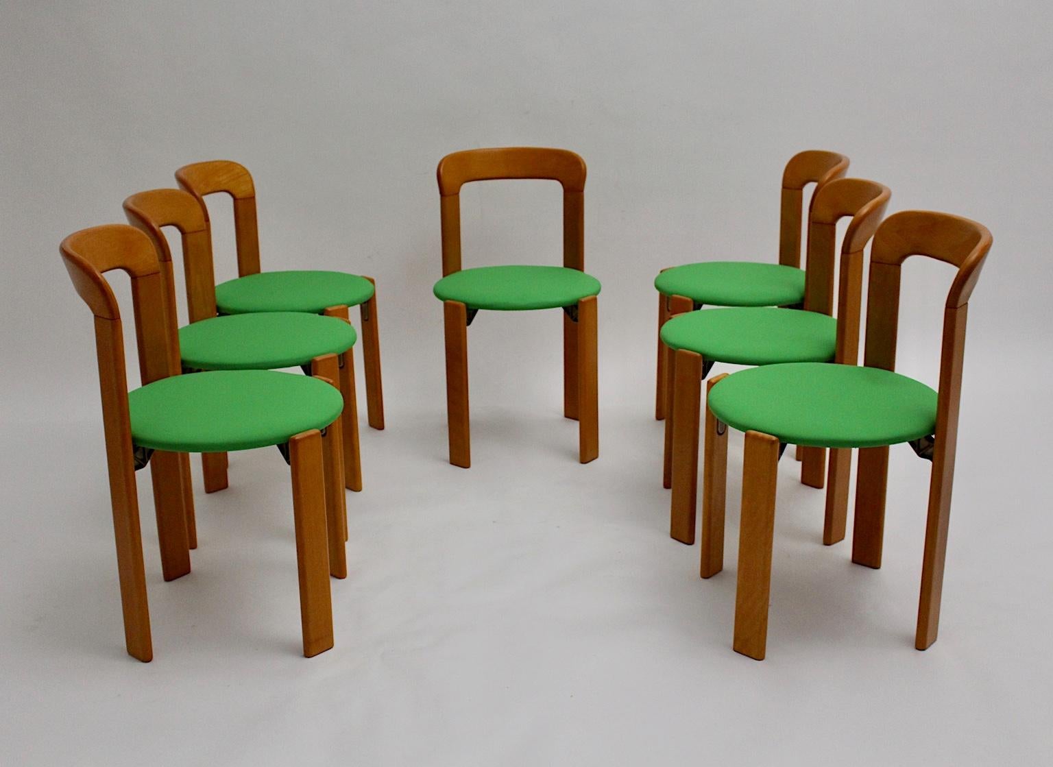 Beech Mid-Century Modern Set of Seven Brown Wood Dining Room Chairs by Bruno Rey 1970s