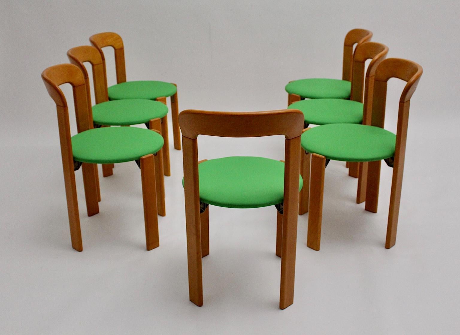 Mid-Century Modern Set of Seven Brown Wood Dining Room Chairs by Bruno Rey 1970s 1
