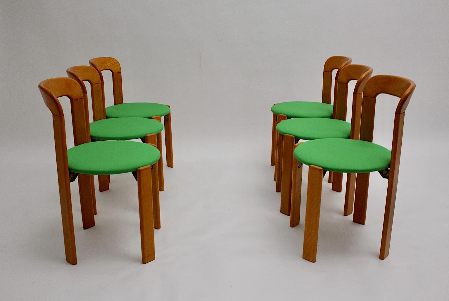 Mid-Century Modern Set of Seven Brown Wood Dining Room Chairs by Bruno Rey 1970s 2