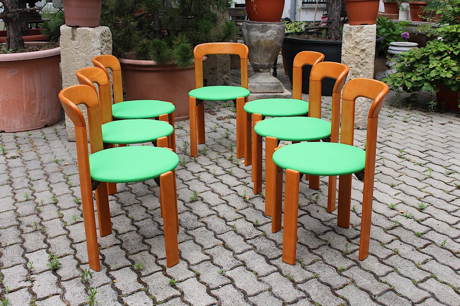 Mid-Century Modern Set of Seven Brown Wood Dining Room Chairs by Bruno Rey 1970s 3