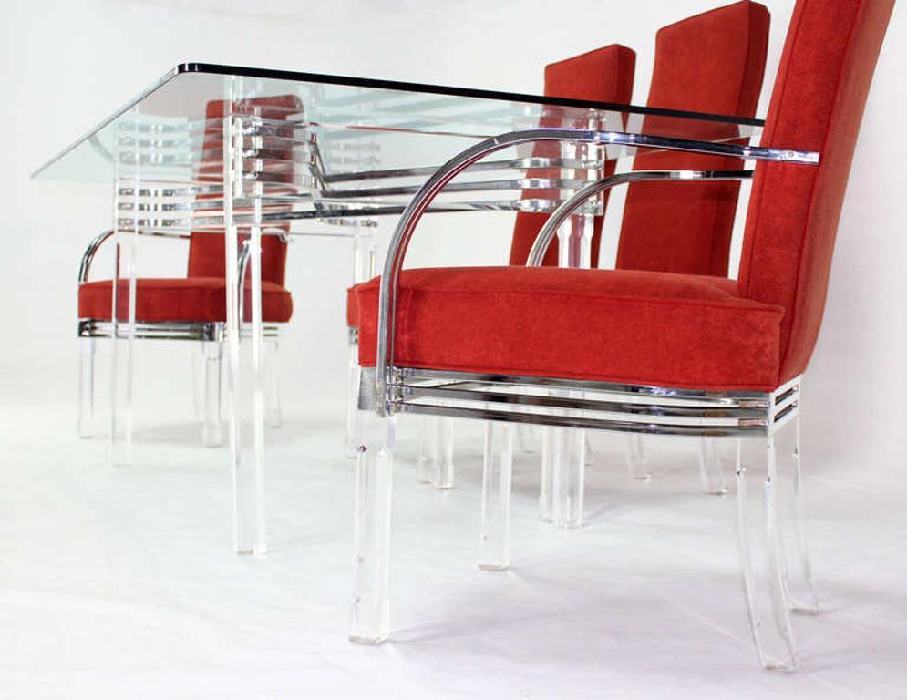 American Mid Century Modern Set of Six Dining Chairs and Table in Lucite Chrome Glass For Sale