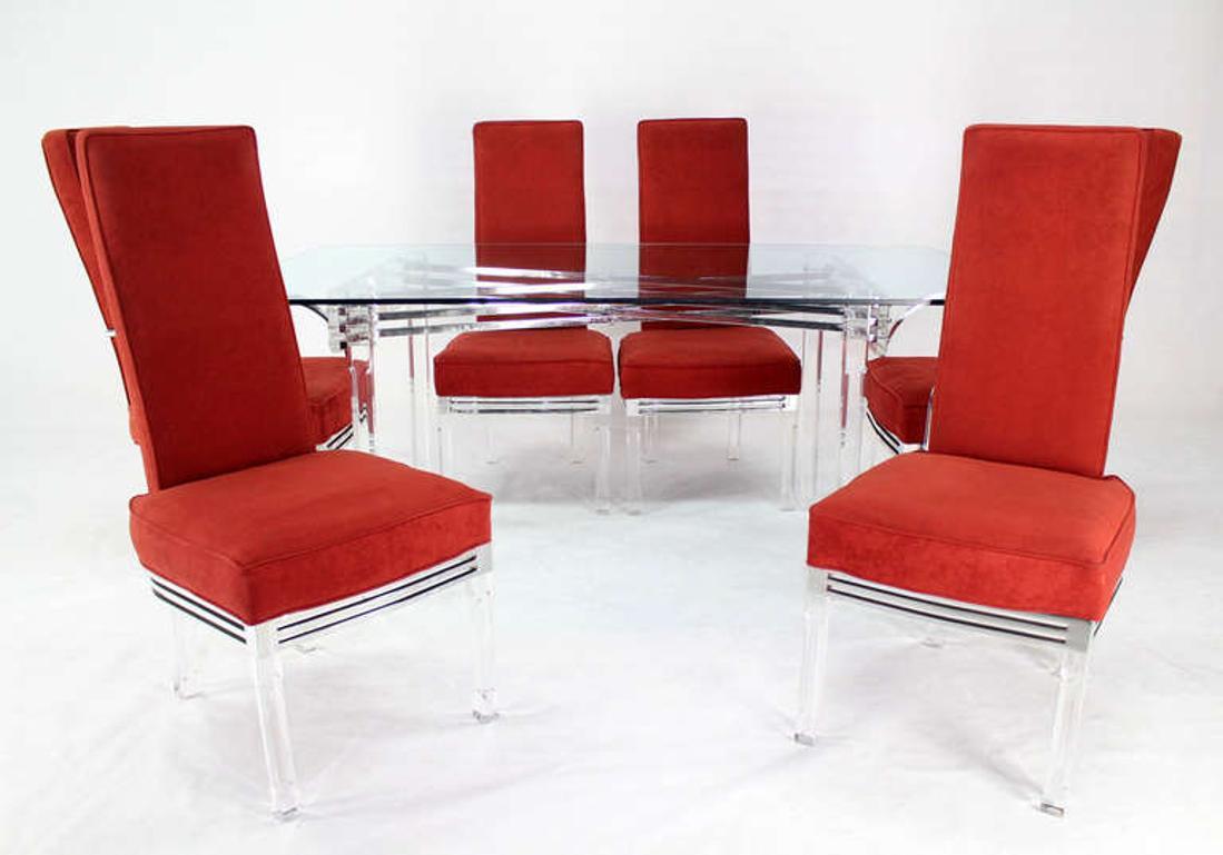 Mid Century Modern Set of Six Dining Chairs and Table in Lucite Chrome Glass In Good Condition For Sale In Rockaway, NJ