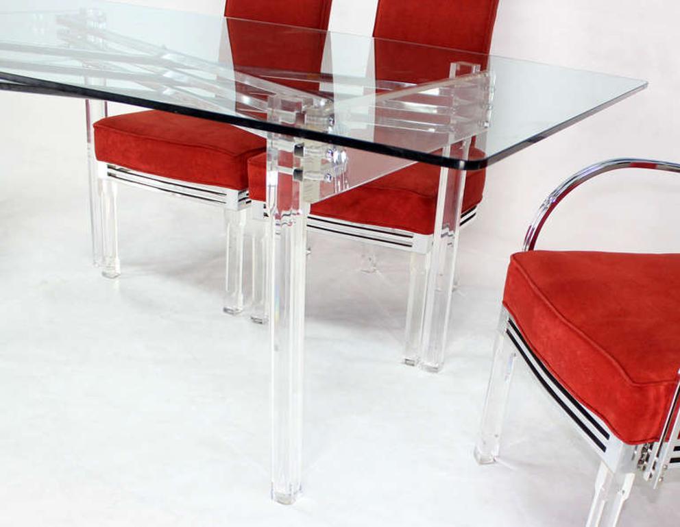 Upholstery Mid Century Modern Set of Six Dining Chairs and Table in Lucite Chrome Glass For Sale