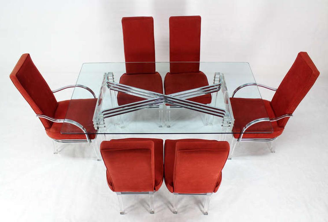 Mid Century Modern Set of Six Dining Chairs and Table in Lucite Chrome Glass For Sale 1