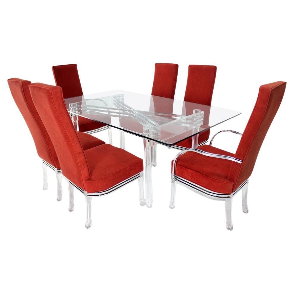 Ensemble de six chaises de salle à manger et table en verre chromé Lucite, mi-siècle moderne