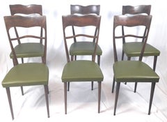 Mid-Century Modern Set of Six High-Back Beechwood and Green Italian Chairs
