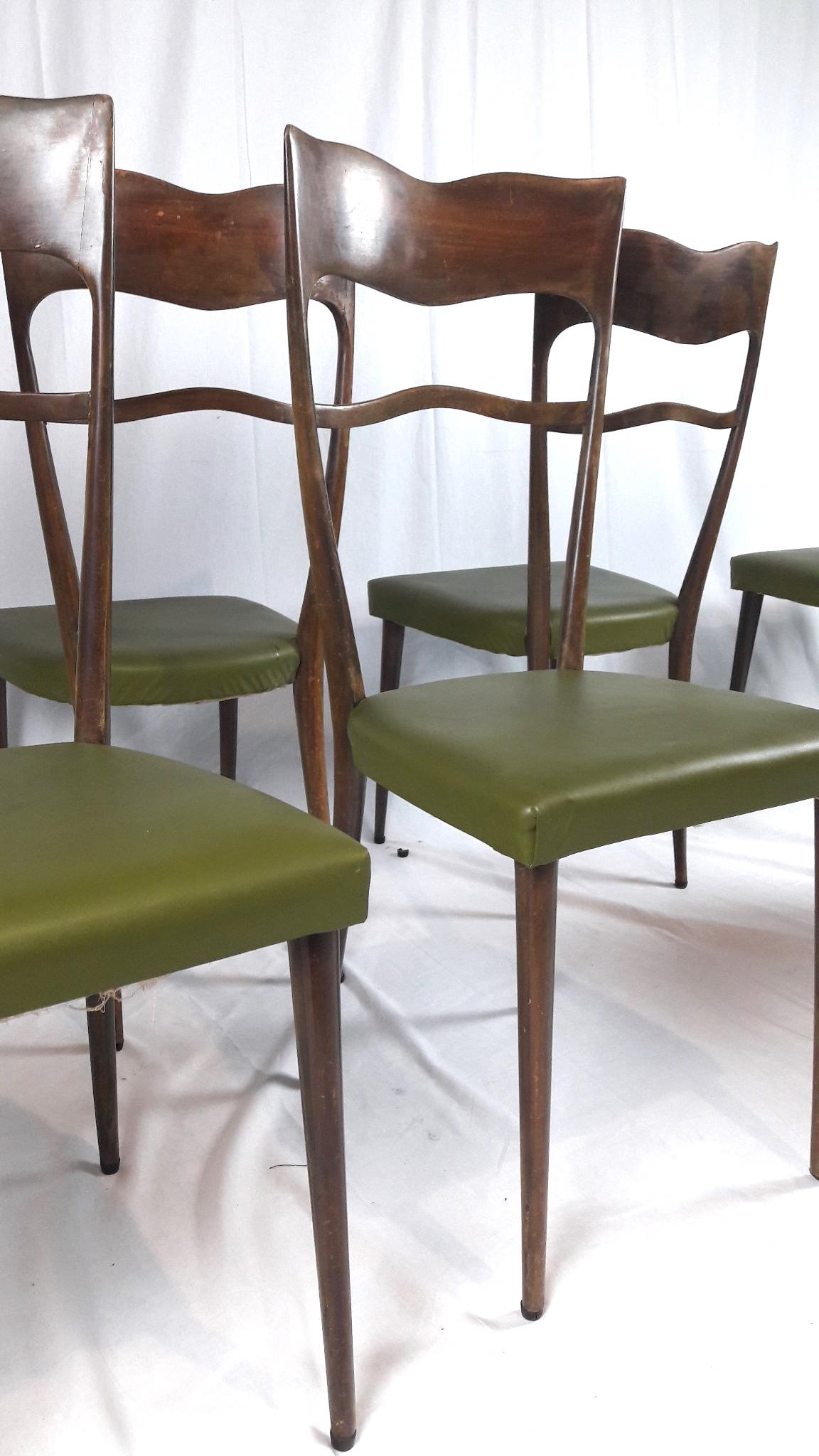 20th Century Mid-Century Modern Set of Six High-Back Beechwood and Green Italian Chairs For Sale
