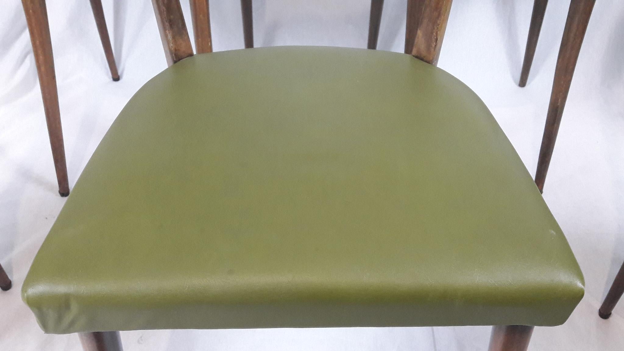 Faux Leather Mid-Century Modern Set of Six High-Back Beechwood and Green Italian Chairs For Sale