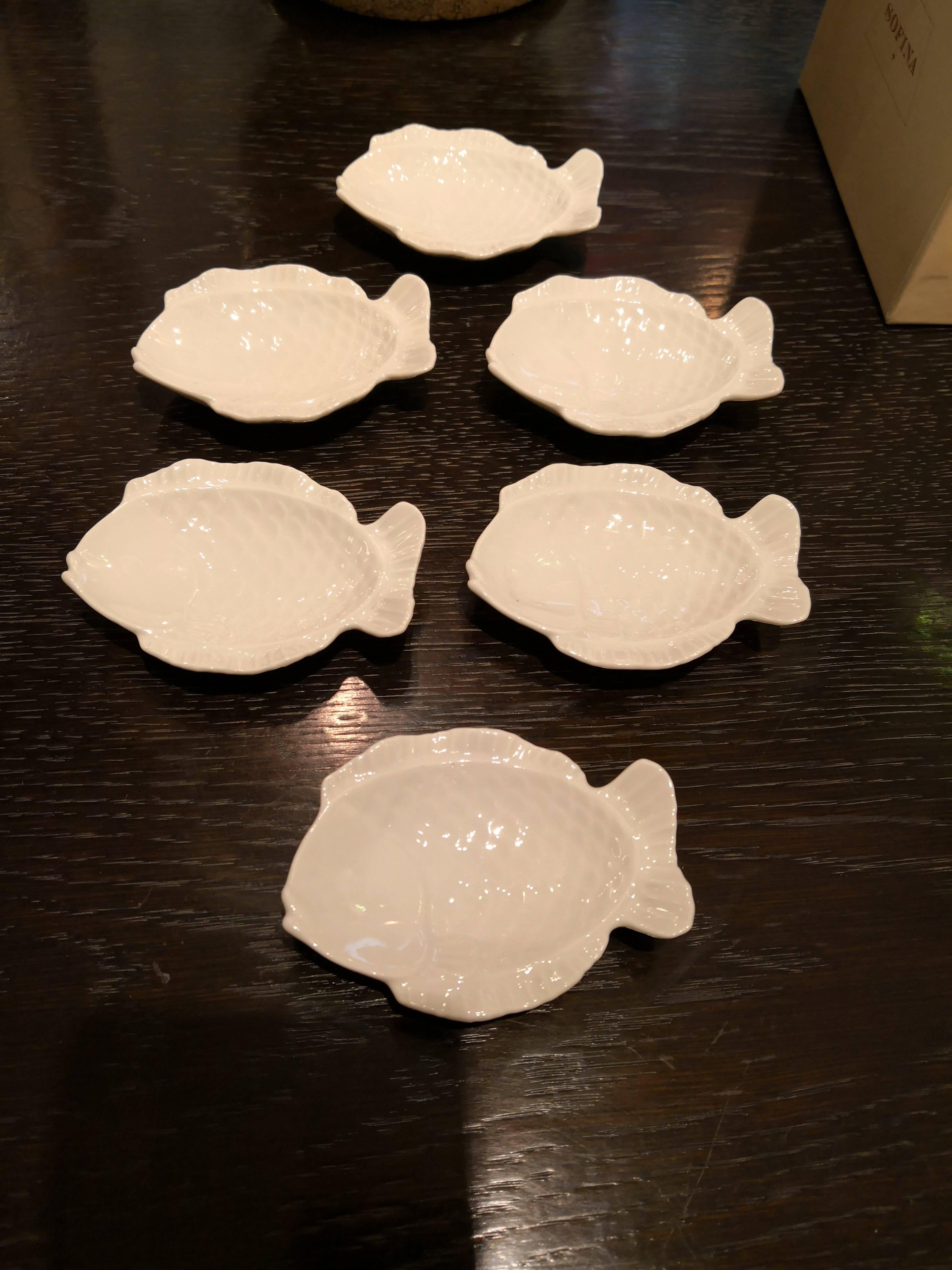 German Mid-century Modern Set of Six KPM Fish Shaped Dishes in White Porcelain