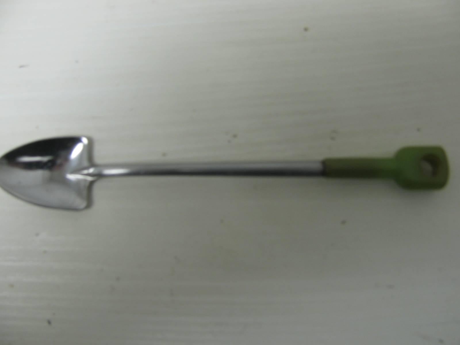 Fabulous and rare set of six stainless and green catalin spoons in the form of shovels. Great ice cream spoons.