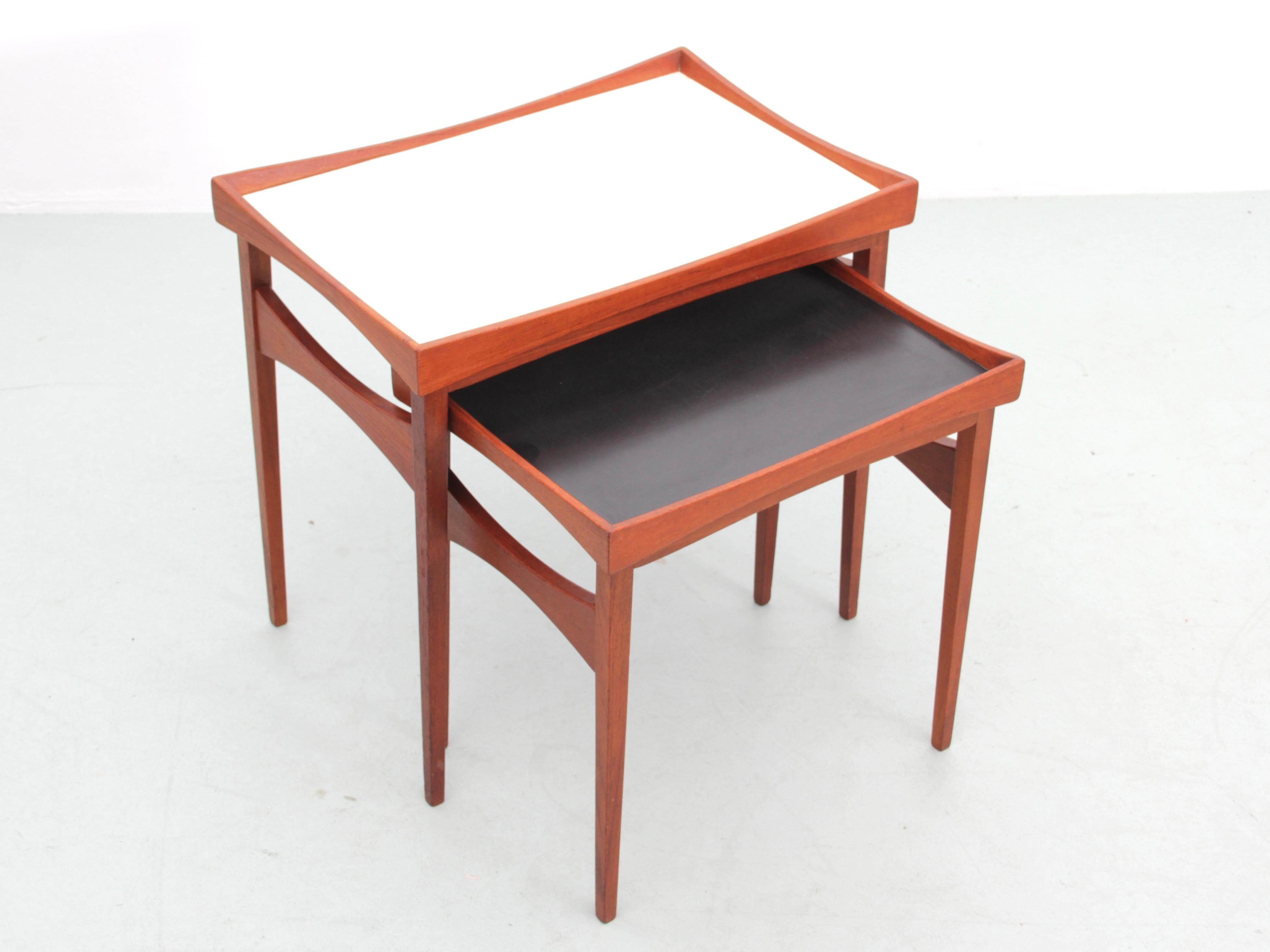 Scandinavian Modern Mid-Century modern set of teak side tables with removable and reversible tray 