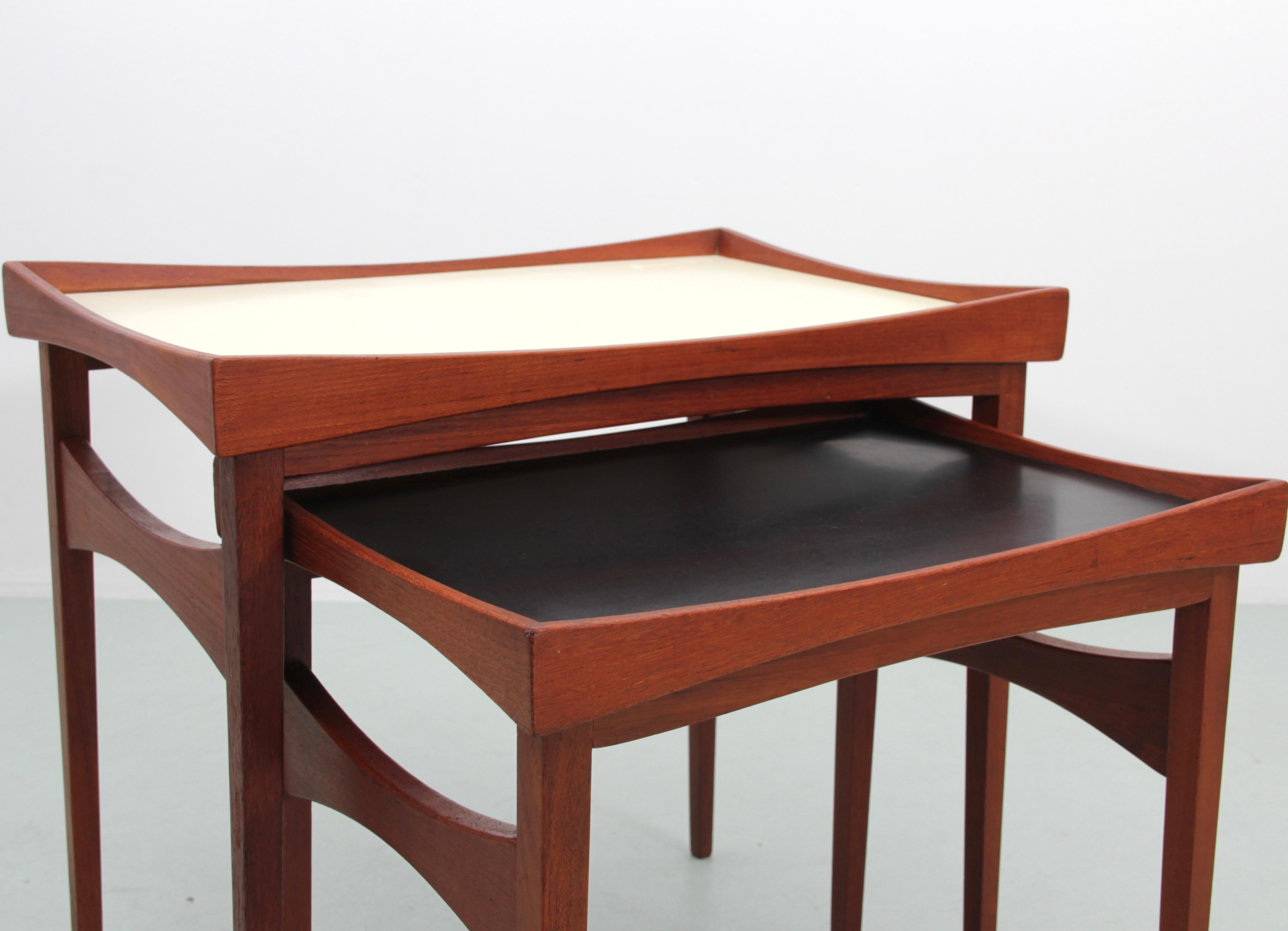 Mid-Century modern set of teak side tables with removable and reversible tray  1