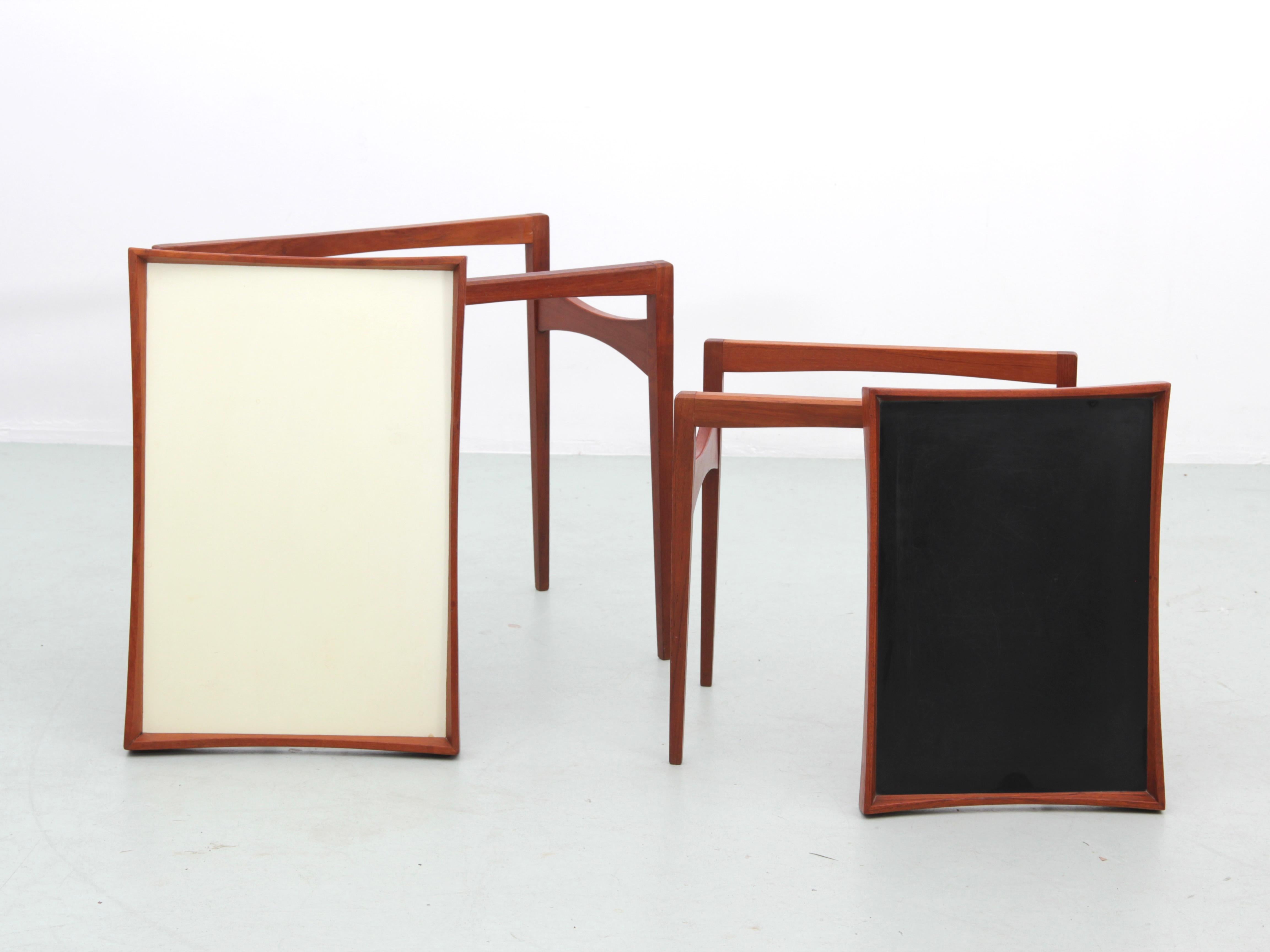 Mid-Century modern set of teak side tables with removable and reversible tray  2