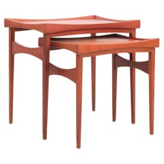 Retro Mid-Century modern set of teak side tables with removable and reversible tray 