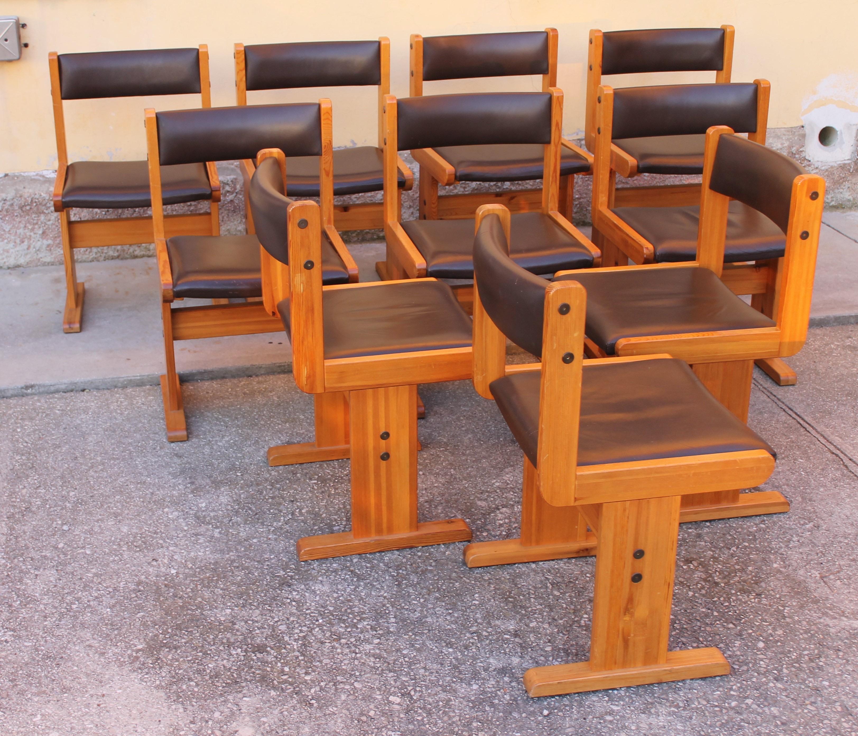 Late 20th Century Mid-Century Gangso Mobler  Ten Natural Wood and Brown faux Leather Chairs, 1970’ For Sale