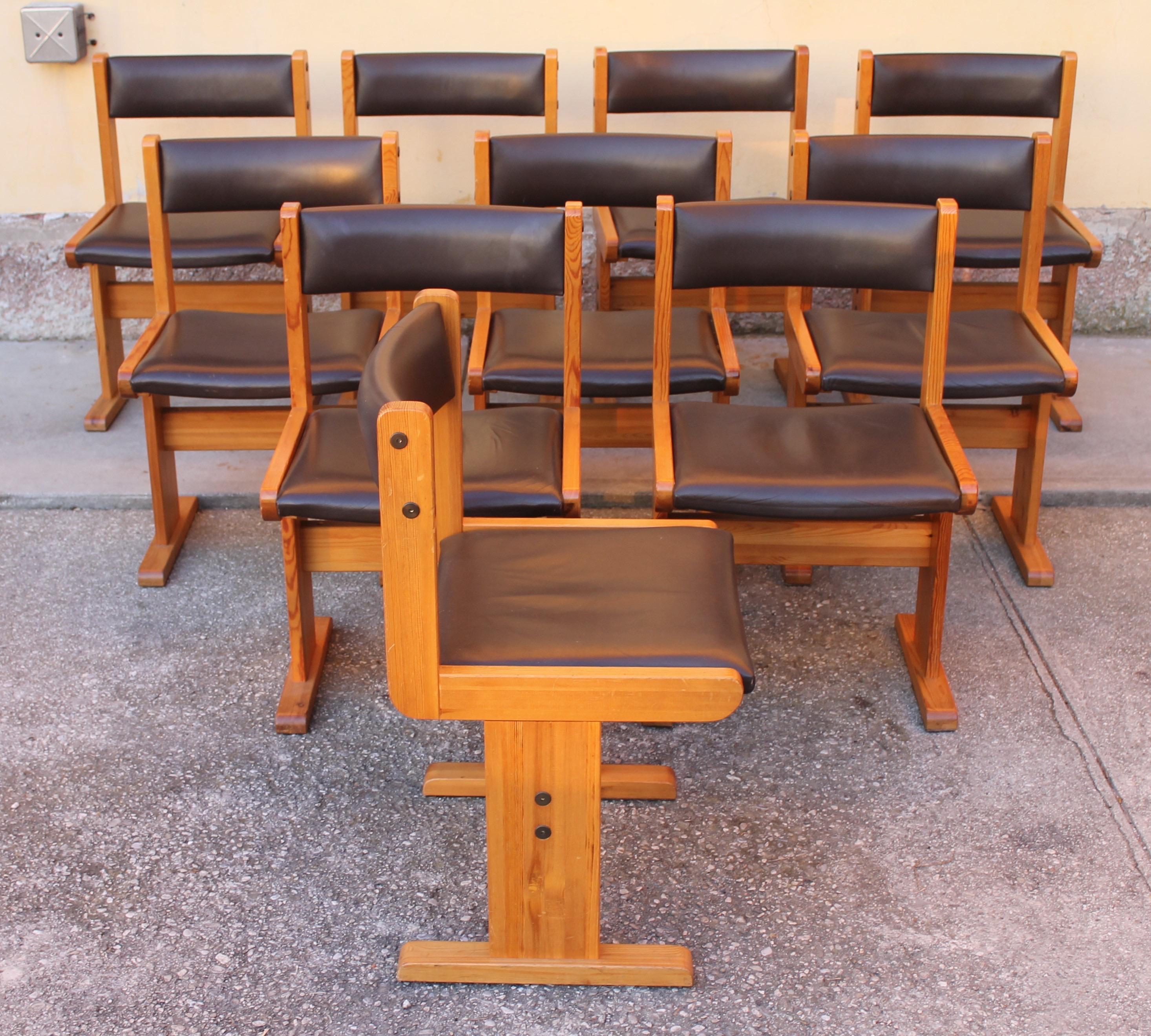 Danish Mid-Century Gangso Mobler  Ten Natural Wood and Brown faux Leather Chairs, 1970’ For Sale