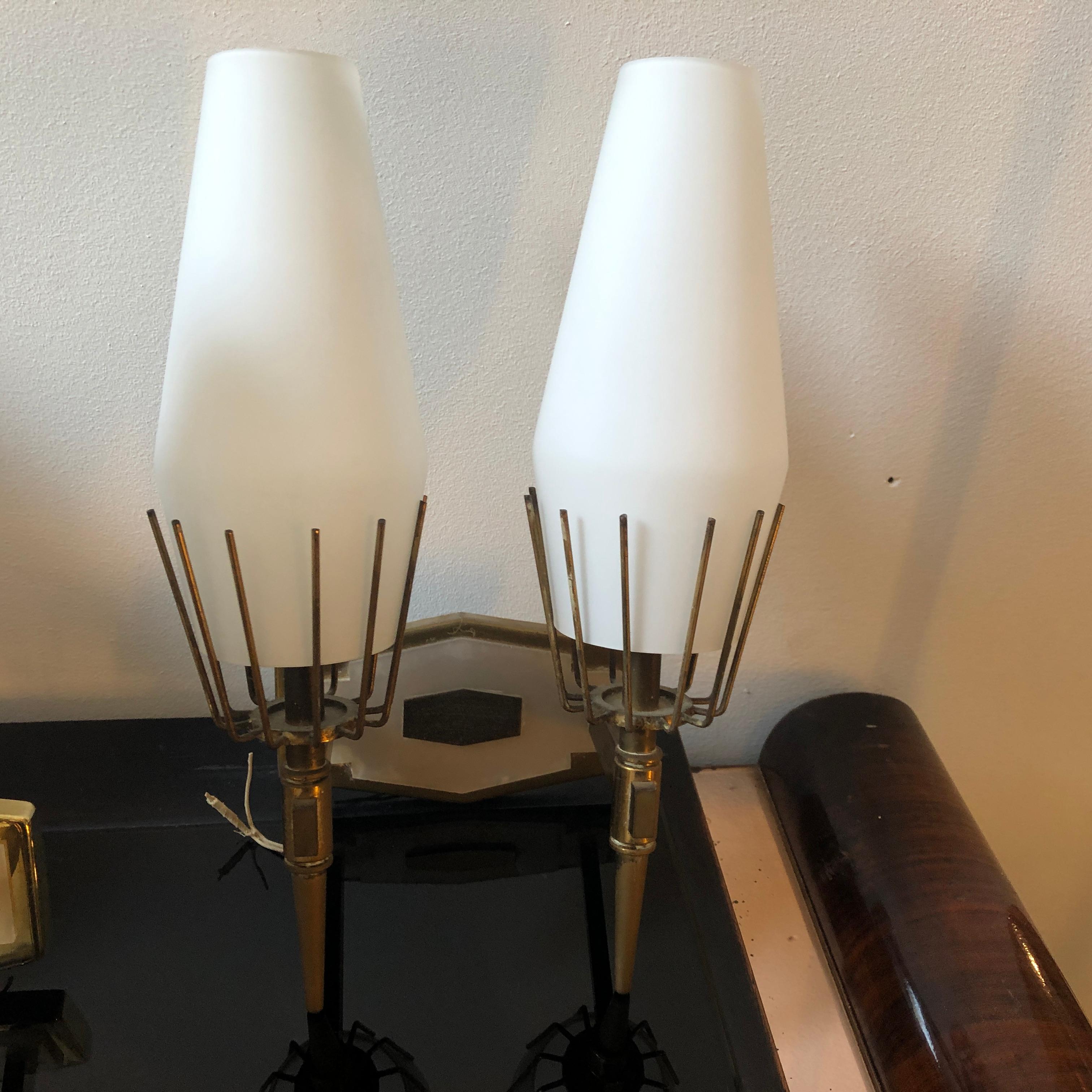 Mid-Century Modern Set of Three Brass and White Glass Italian Wall Sconces, 1950 4