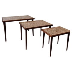 Vintage Mid-Century Modern Set of Three Teak and Ceramic Tile Nesting Tables, 1960s