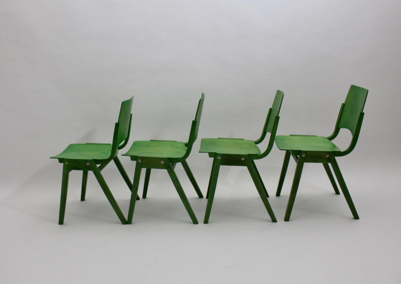 Mid-20th Century Mid-Century Modern Set of Twelve Green Vintage Dining Chairs P7 by Roland Rainer For Sale