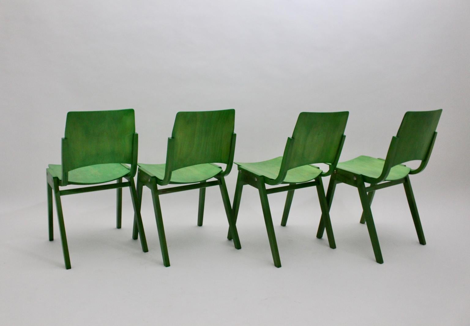 Beech Mid-Century Modern Set of Twelve Green Vintage Dining Chairs P7 by Roland Rainer For Sale