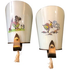 Mid-Century Modern Set of Two Brass and Glass Italian Wall Sconces, 1950