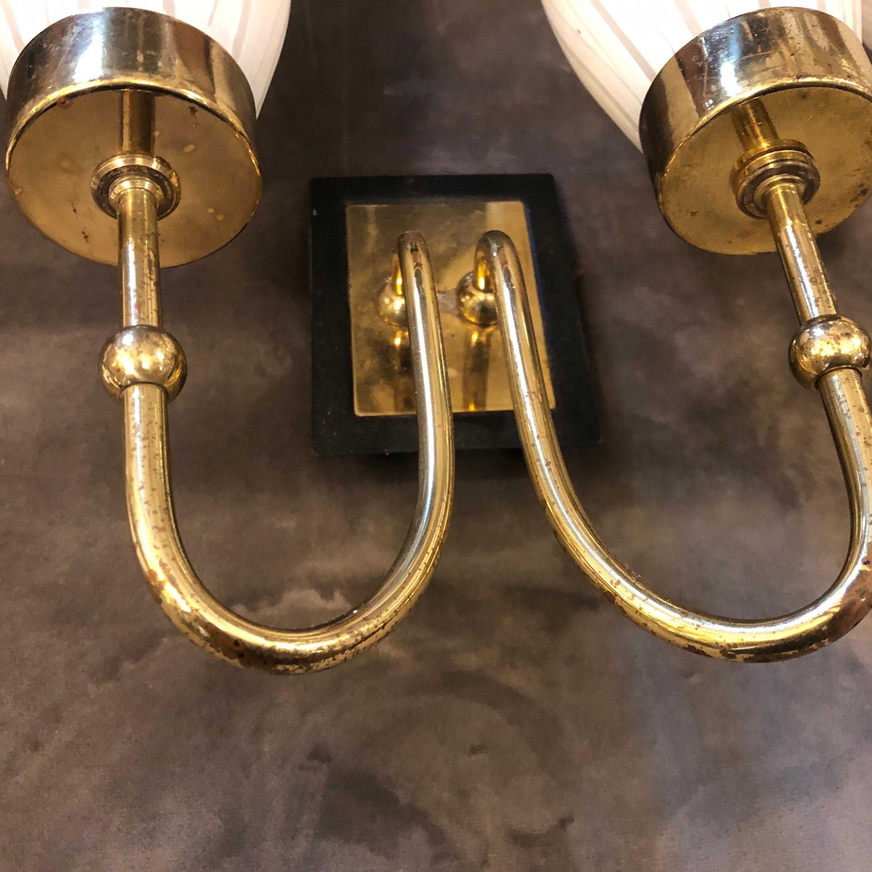 Italian 1950s Mid-Century Modern Set of Two Brass and Murano Glass Wall Sconces