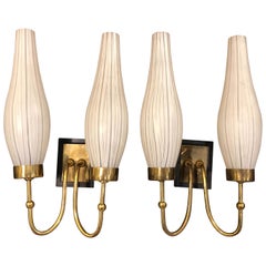 1950s Mid-Century Modern Set of Two Brass and Murano Glass Wall Sconces