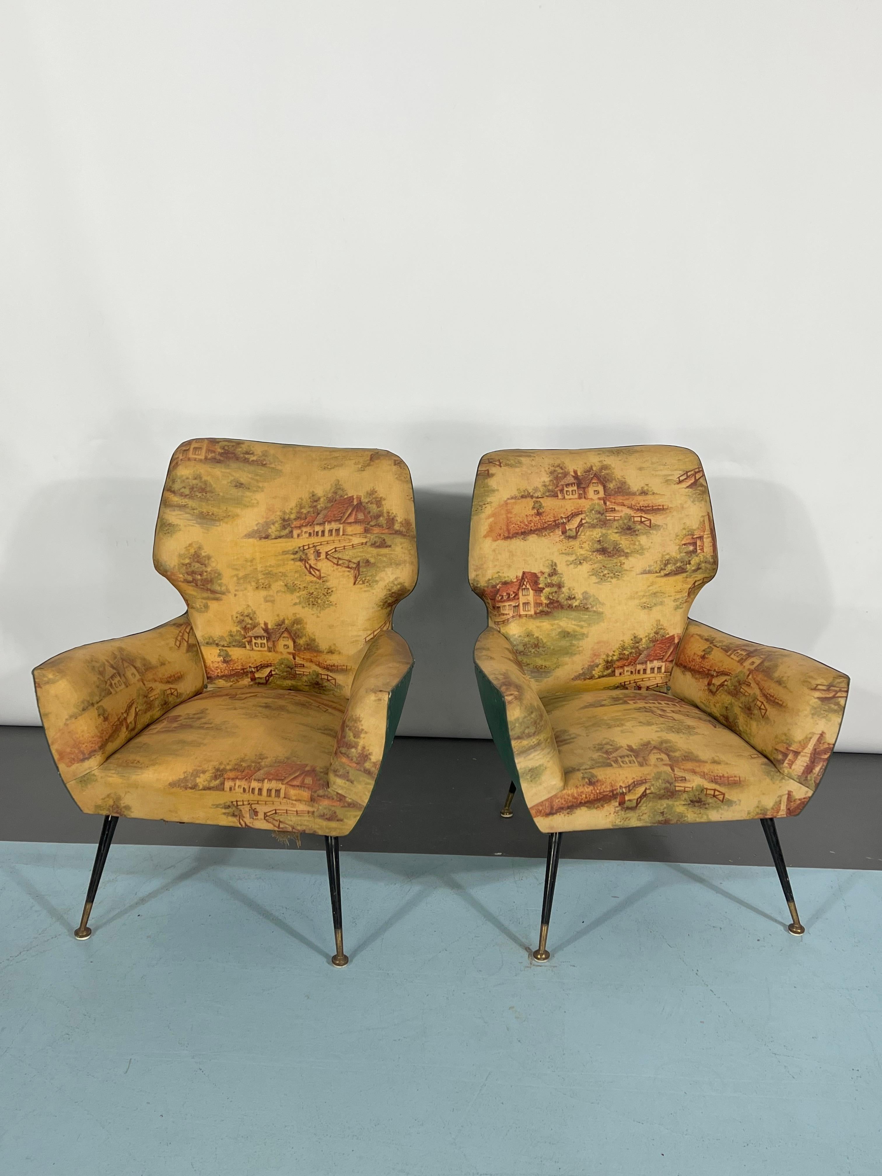 Brass Mid-century modern set of two Italian armchairs from 50s For Sale