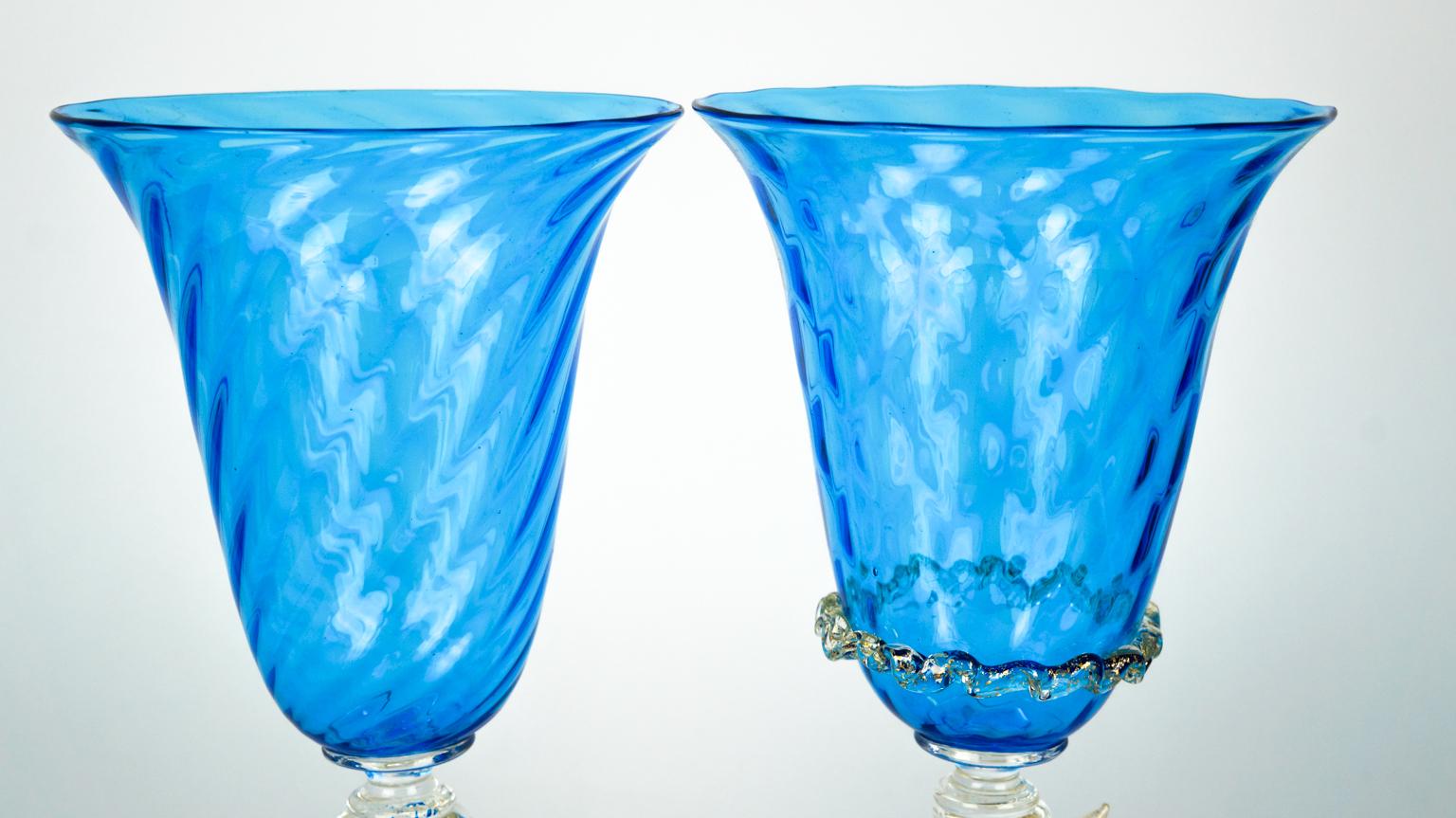 Mid-Century Modern Set of Two Italian Venetian Goblets Aquamarine Murano Glass For Sale 6