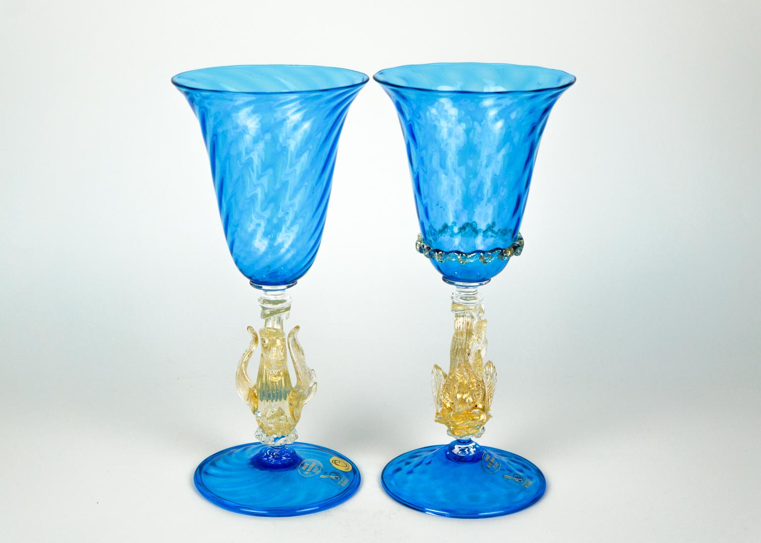 Modernes Set aus zwei italienischen venezianischen Kelchen aus aquamarinfarbenem Murano-Glas aus der Jahrhundertmitte im Angebot 6