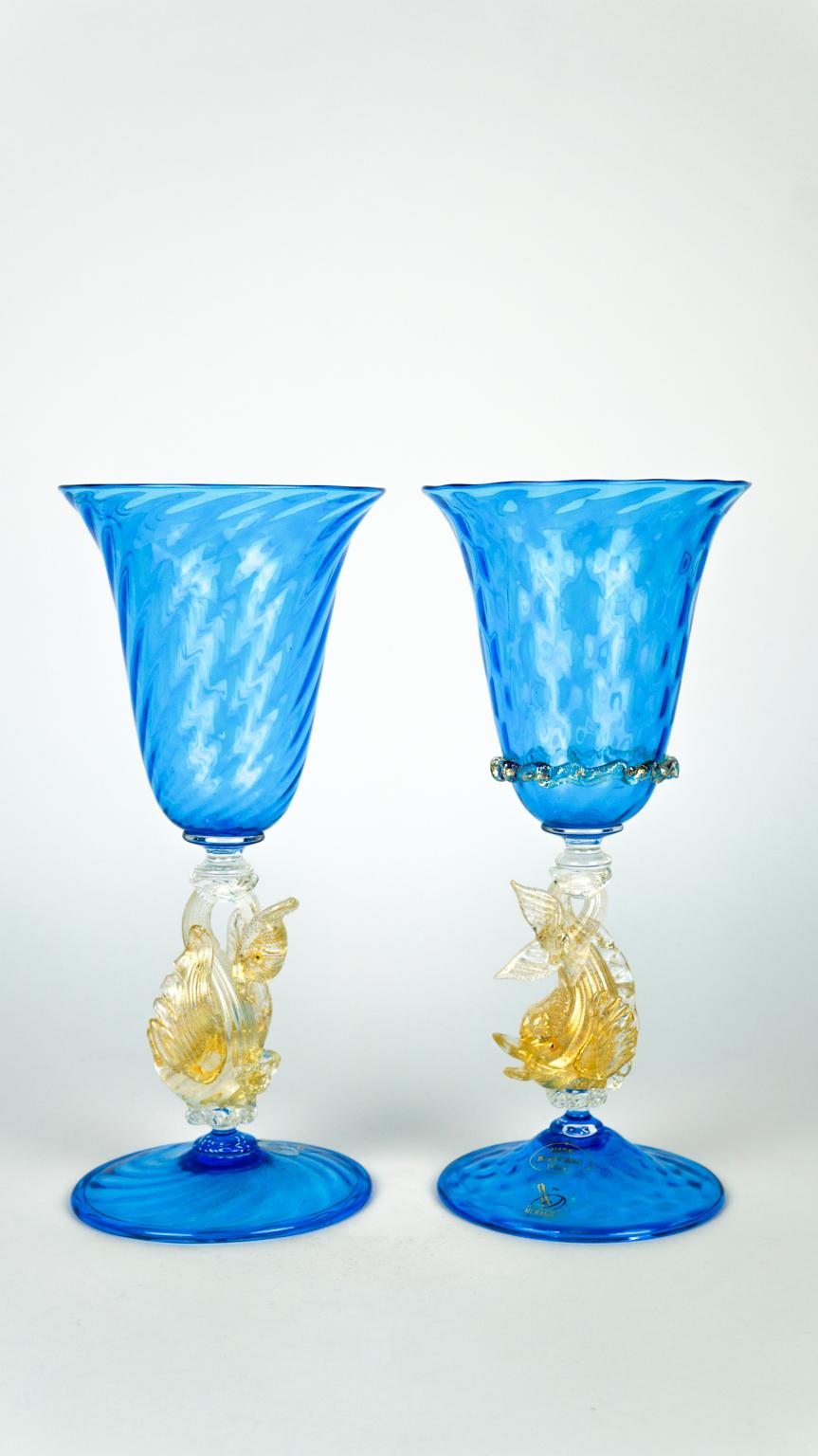 Mid-Century Modern Set of Two Italian Venetian Goblets Aquamarine Murano Glass For Sale 10