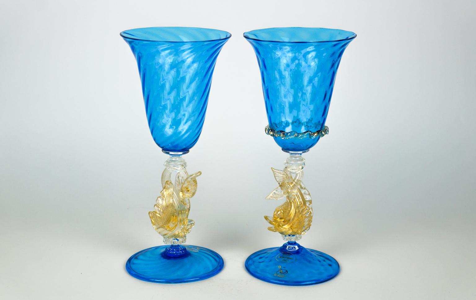 Mid-Century Modern Set of Two Italian Venetian Goblets Aquamarine Murano Glass For Sale 11