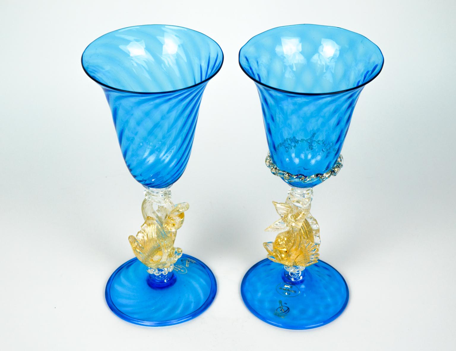 Hand-Crafted Mid-Century Modern Set of Two Italian Venetian Goblets Aquamarine Murano Glass For Sale