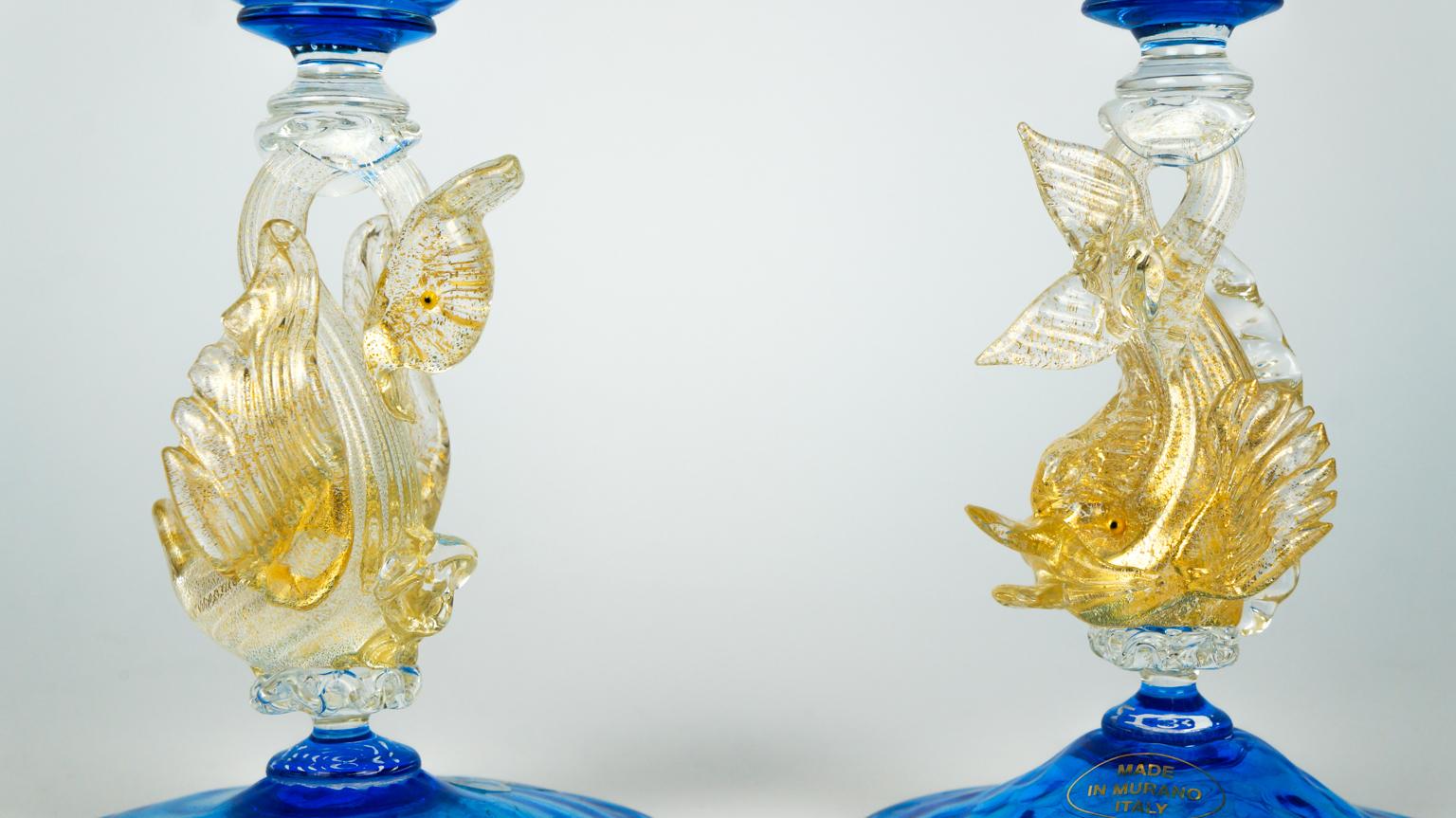 Mid-Century moderno Set di due calici veneziani italiani di metà secolo in vetro di Murano color acquamarina in vendita