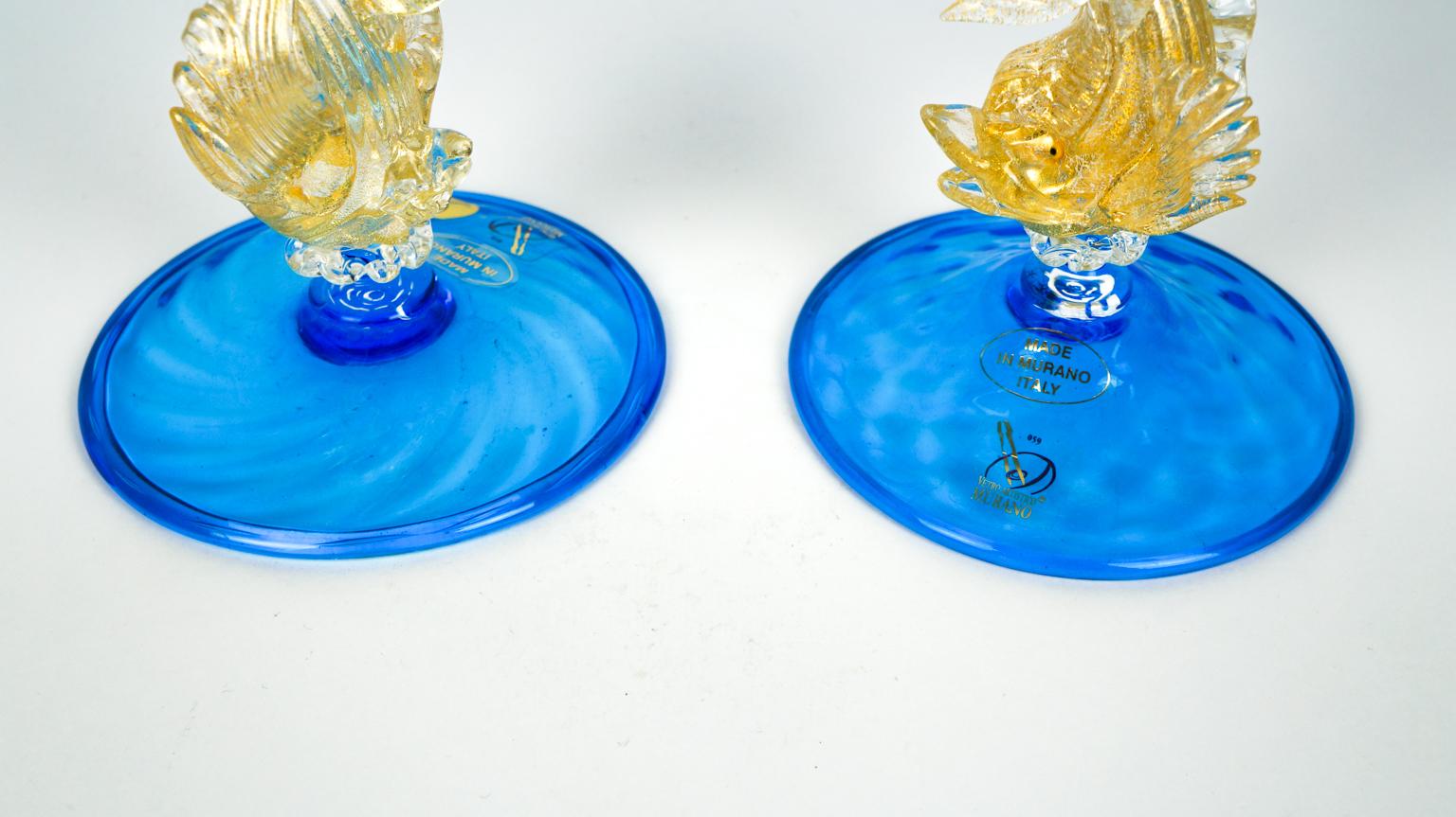 Fin du 20e siècle The Moderns Modern Set of Two Italian Venetian Goblets Aquamarine Murano Glass en vente