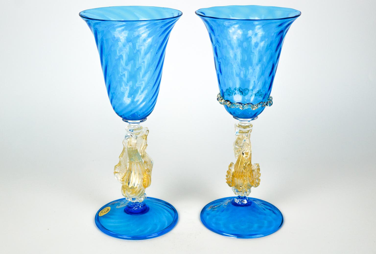 Verre brun The Moderns Modern Set of Two Italian Venetian Goblets Aquamarine Murano Glass en vente