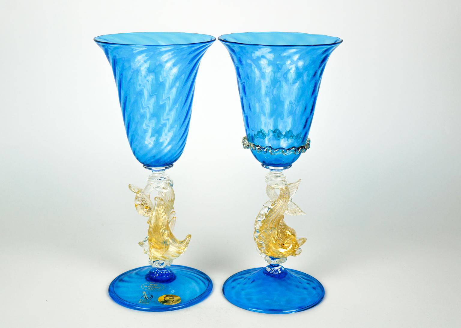 Mid-Century Modern Set of Two Italian Venetian Goblets Aquamarine Murano Glass For Sale 3