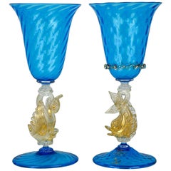 The Moderns Modern Set of Two Italian Venetian Goblets Aquamarine Murano Glass