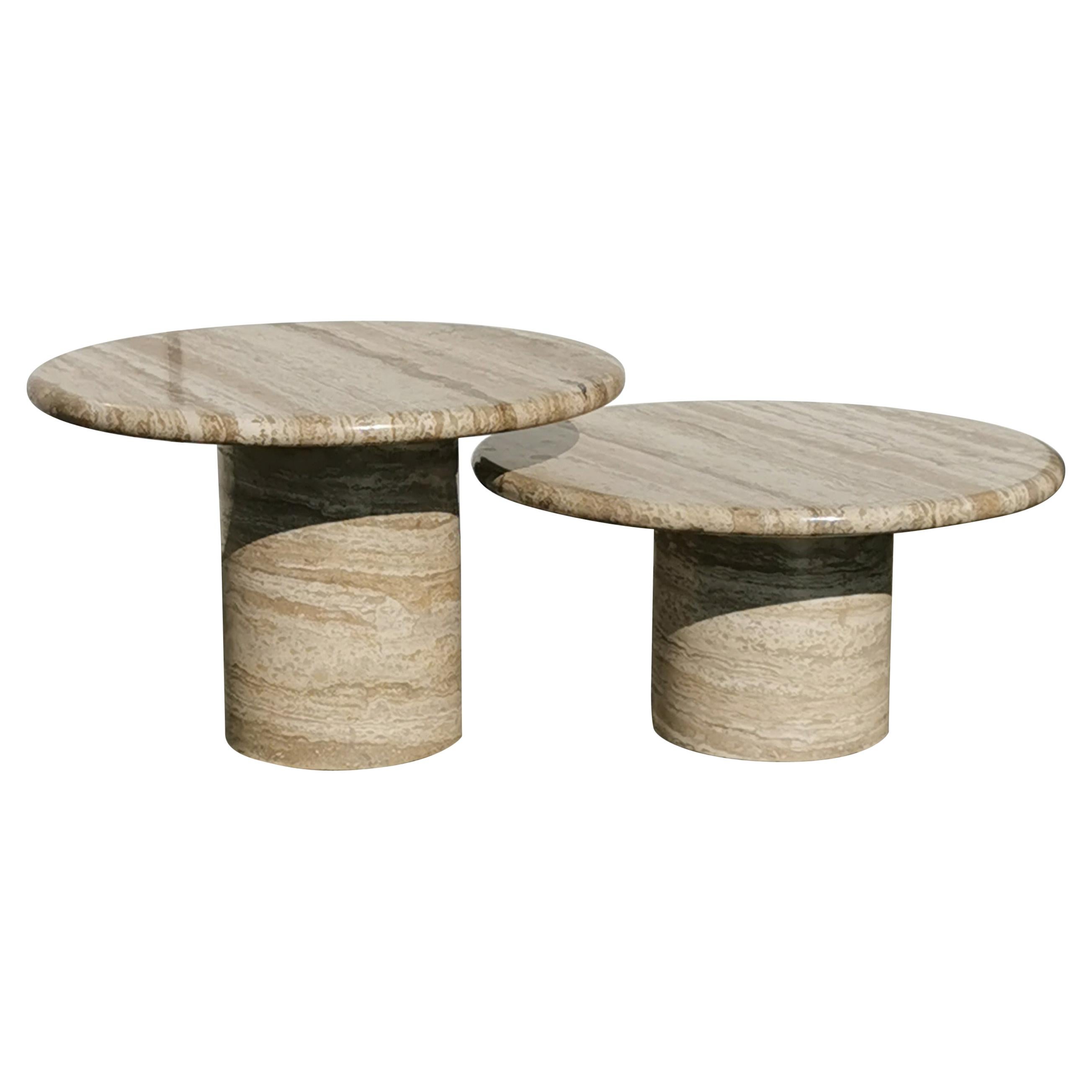 MidCentury Modern Set of Two Pedestal Travertine Coffee Tables, Italy