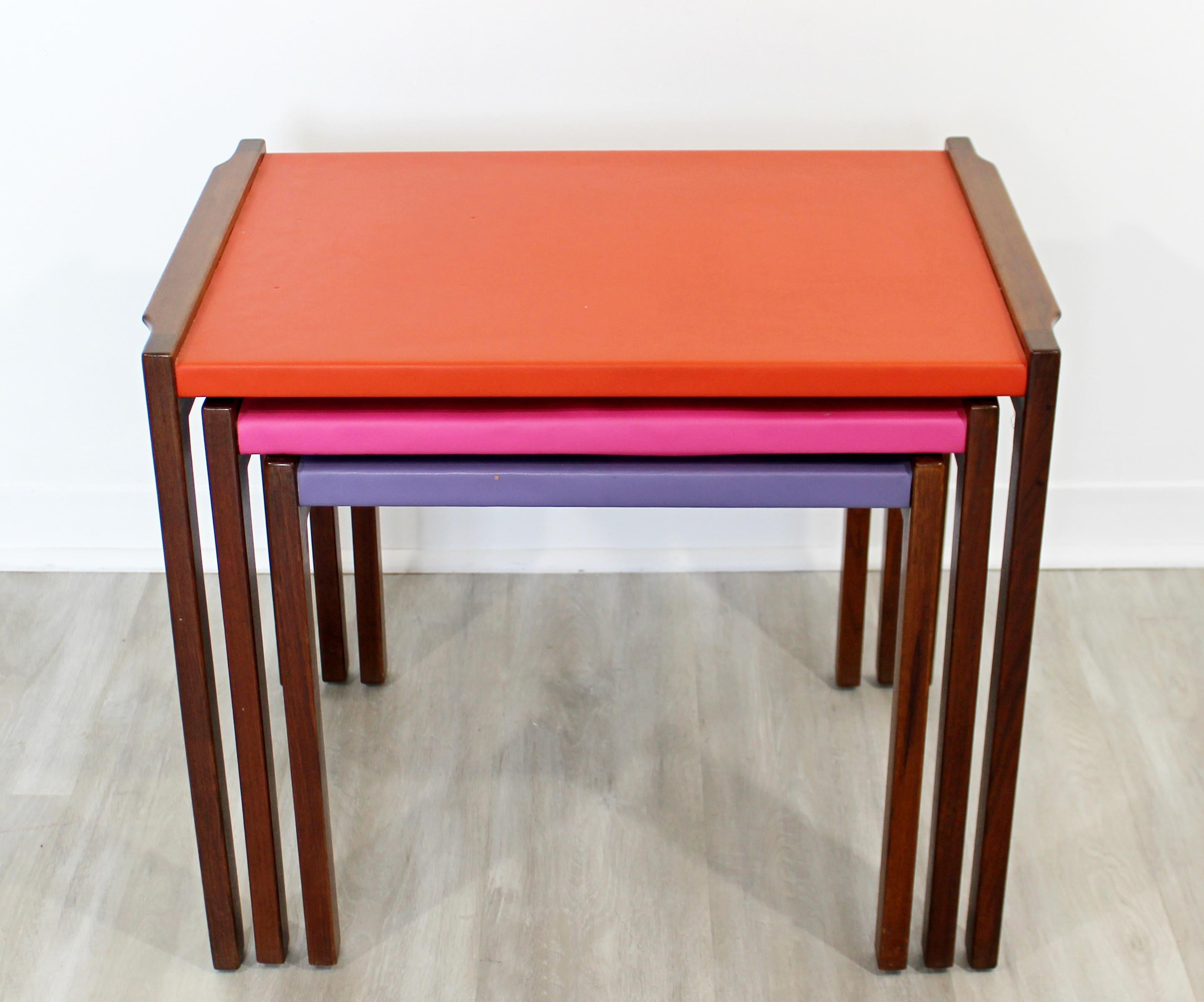 Mid-20th Century Mid-Century Modern Set of Walnut Vinyl Nesting Side Tables Jens Risom 1960s Pink