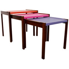Mid-Century Modern Set of Walnut Vinyl Nesting Side Tables Jens Risom 1960s Pink