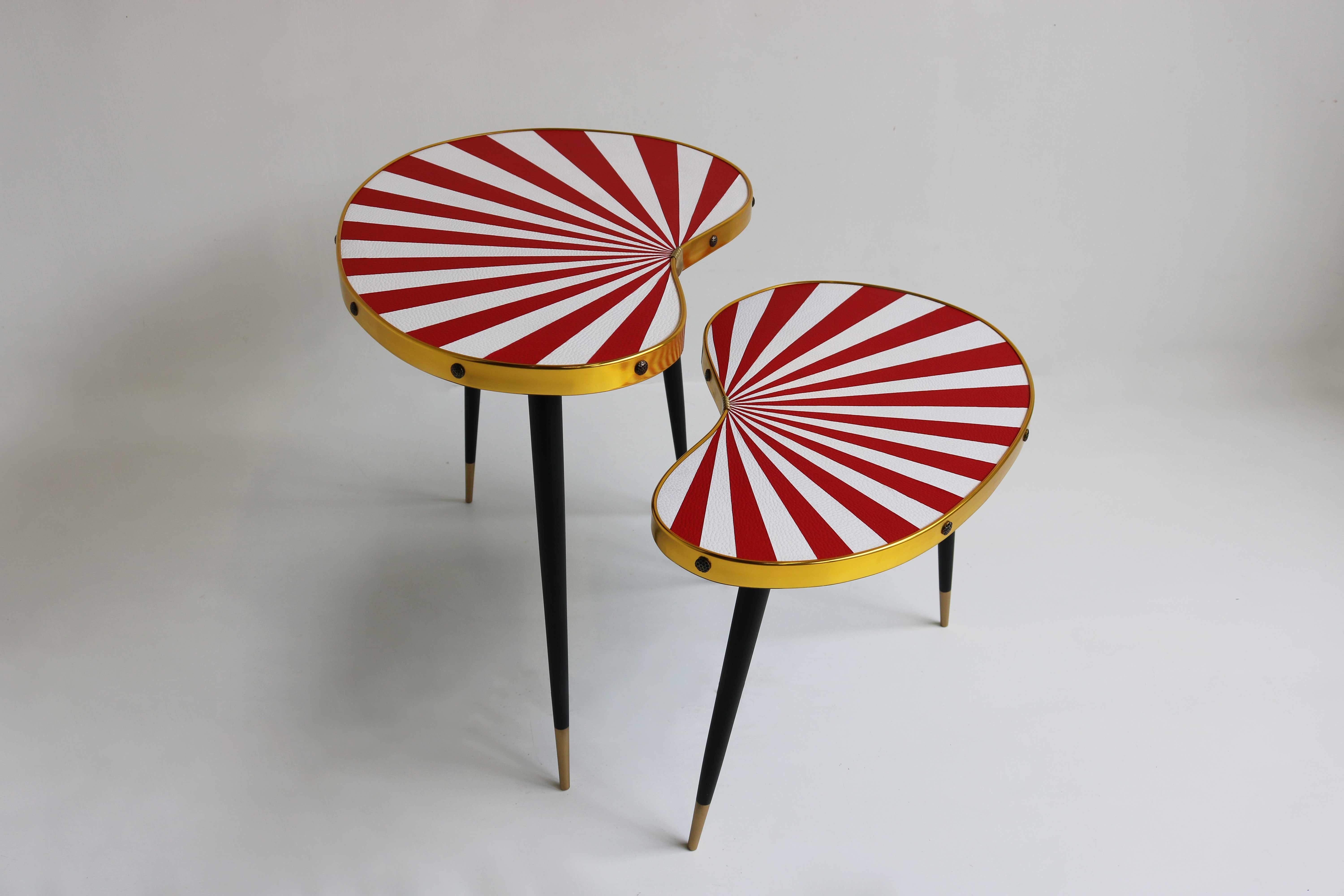 Hand-Crafted Mid-Century Modern Set Side Tables Kidney Shaped, End Tables Two Plant Tables For Sale