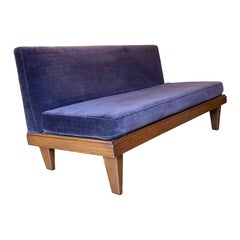 Mid-Century Modern Settee, Solid Oak, Purple Upholstery, 1940s-50s