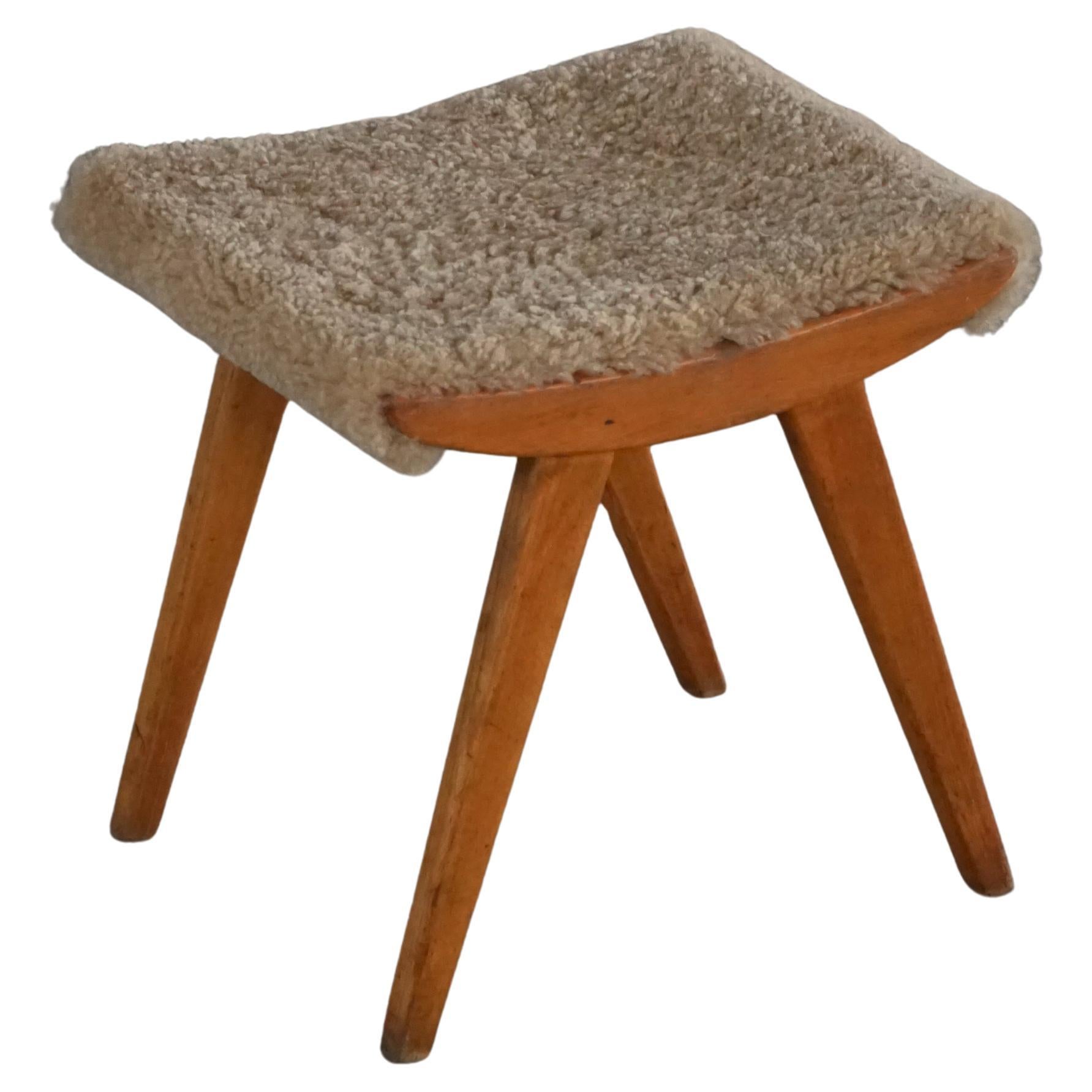 Mid-Century Modern, Sheepskin Stool with Elm Wood Legs, Scandinavia, 1960s For Sale