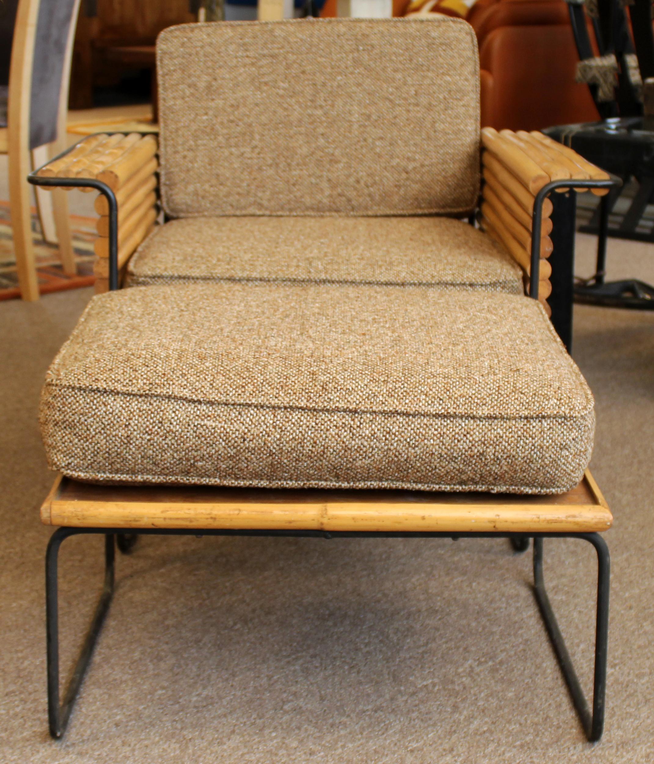Mid-Century Modern Shirley Ritts Bamboo Wrought Iron Ski Chair & Ottoman, 1950s In Good Condition In Keego Harbor, MI