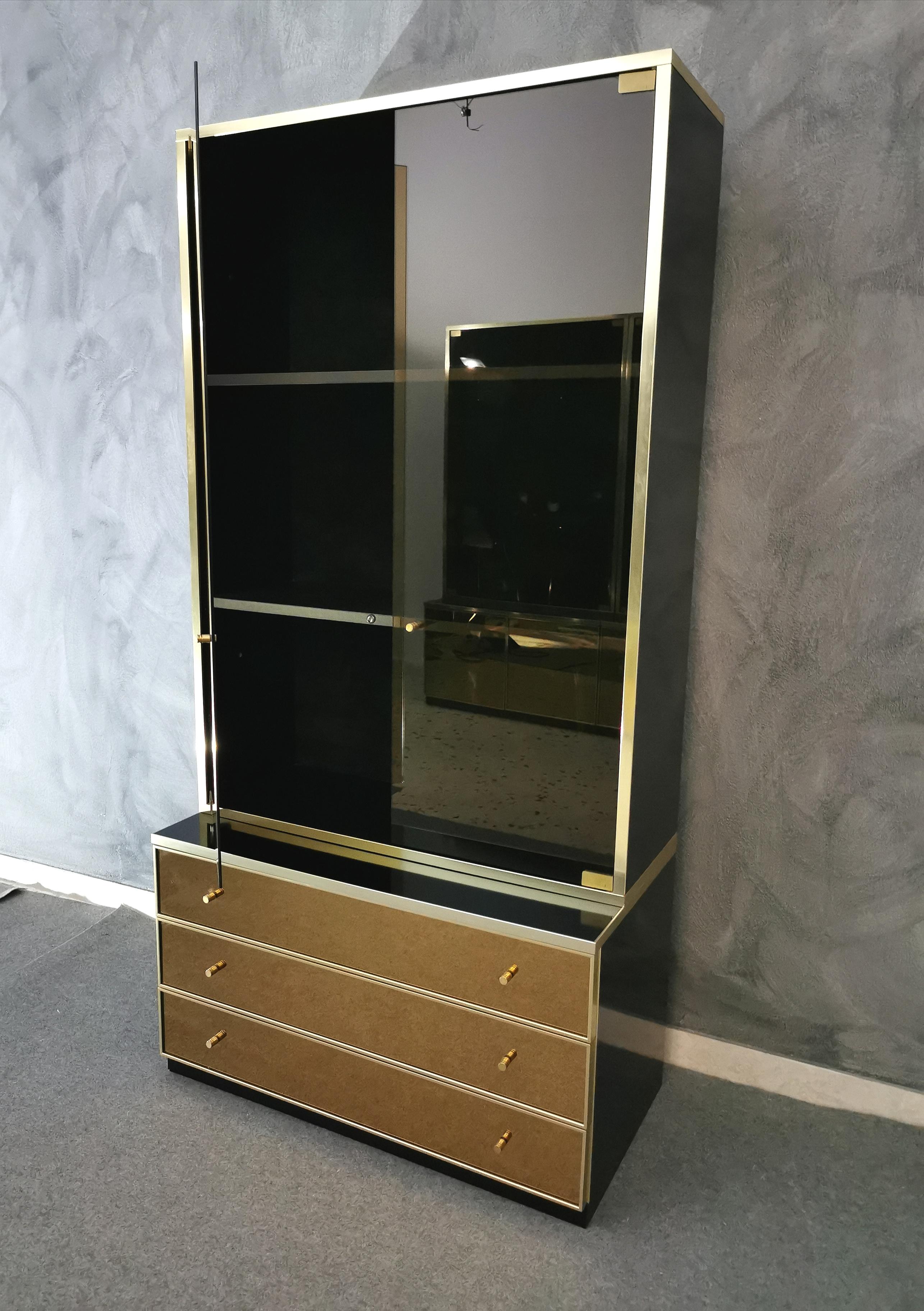 Brass Mid Century Showcase Chest of Drawers Mirrored Glass by Renato Zevi Italy 1970s