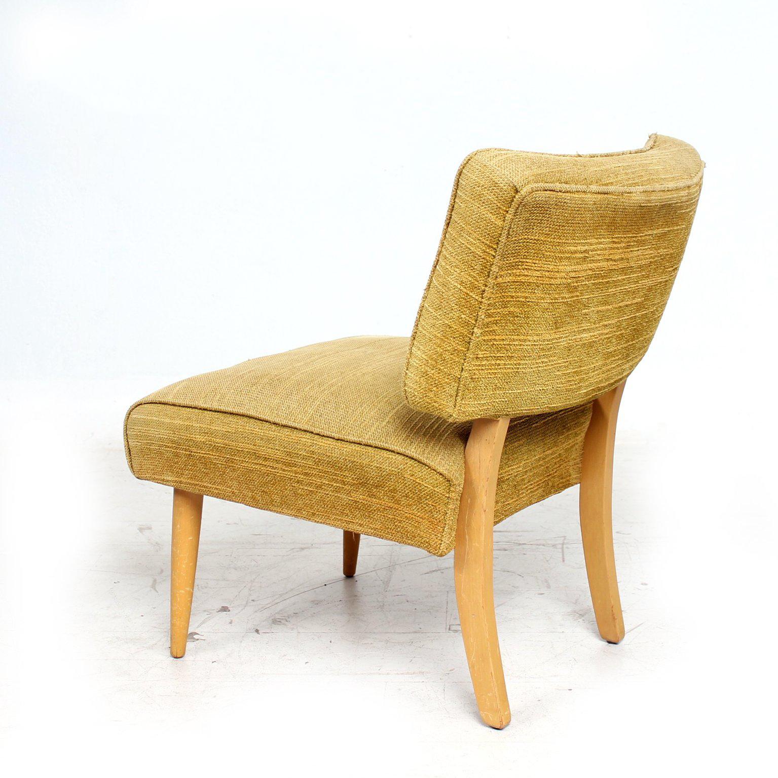 AMBIANIC presents: adorable Mid-Century Modern side slipper chair with tons of charm. 
No markings from the maker present.
Clean modern lines. Curved back and oversized seat. Comfort too, with no armrest!
Attributed to Billy Haines and the fabulous