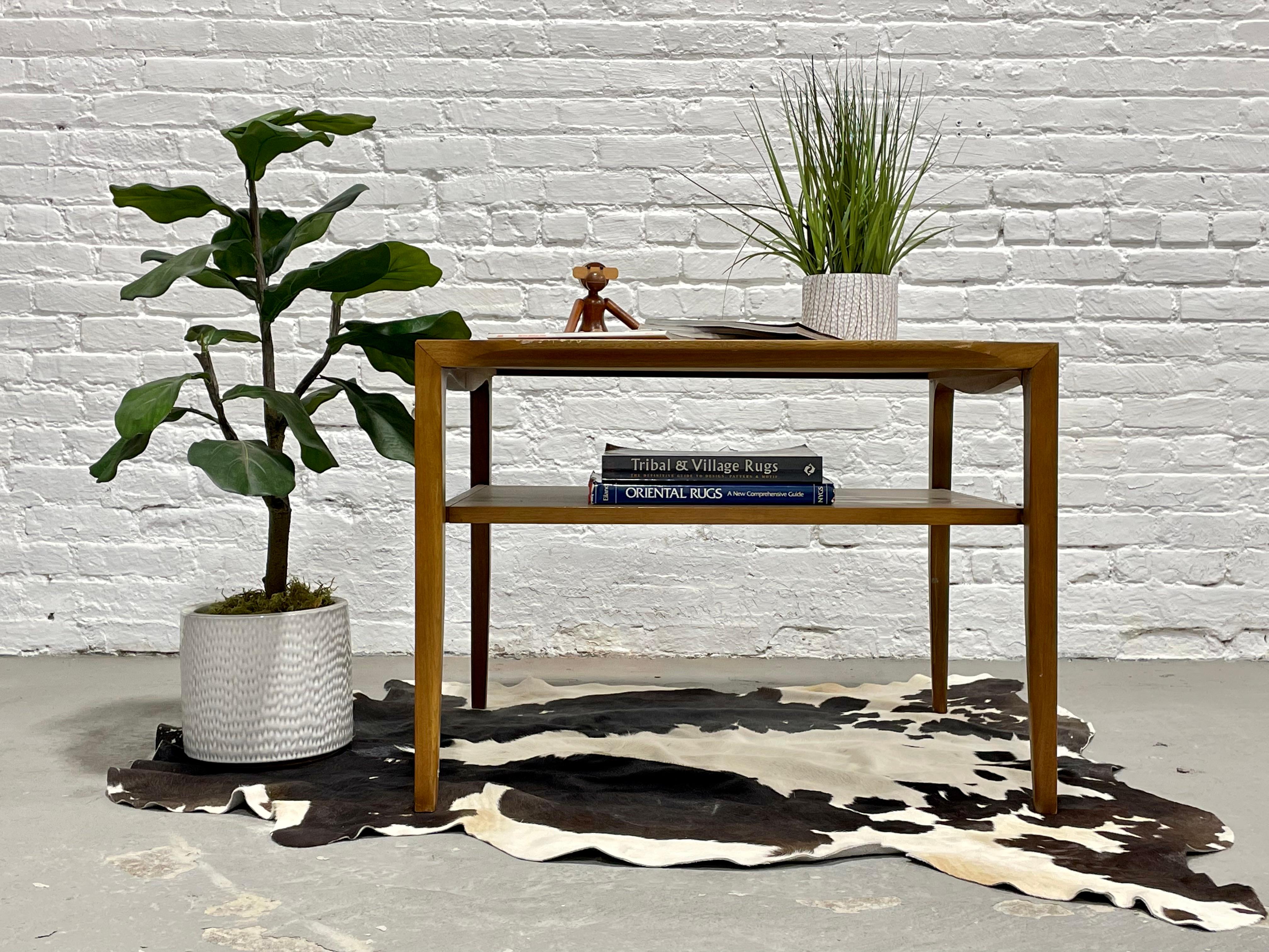 Mid-Century Modern Square End Table by John Van Koert for Drexel Profile, c. 1958. Substantial table surface space, perfect for a table lamp or displaying coffee table books. The lower area offers an additional space for displaying books or
